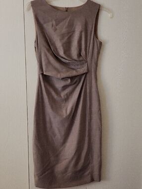 Sleeveless Taupe Midi Sheath Dress with Draped Waist